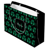 Emerald Green Sparkle Shamrock black Monogram Large Gift Bag (Back Angled)