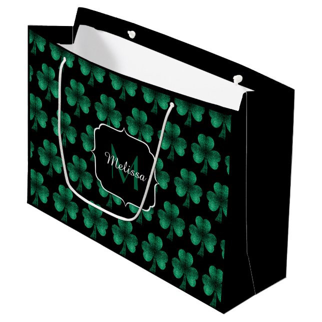 Emerald Green Sparkle Shamrock black Monogram Large Gift Bag (Front Angled)