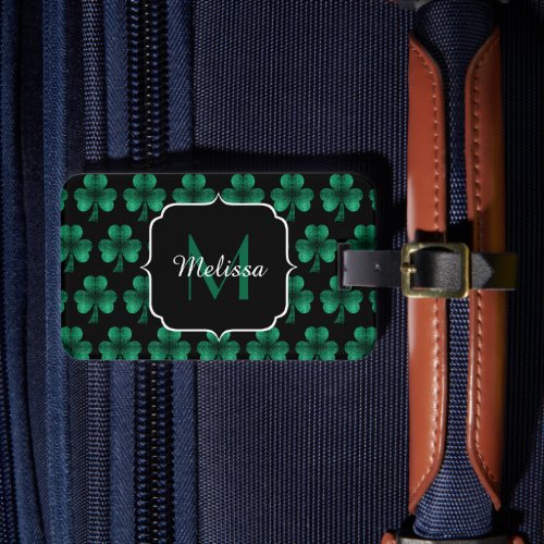 Emerald Green Sparkle Shamrock black Monogram Luggage Tag