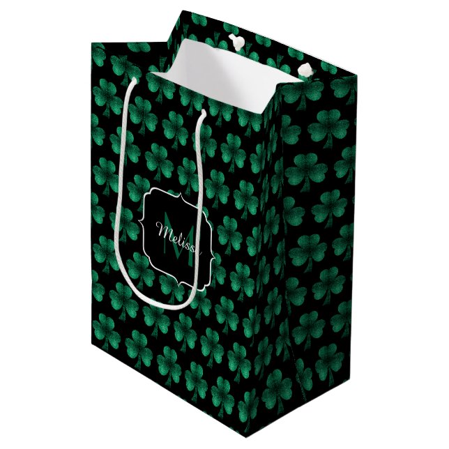 Emerald Green Sparkle Shamrock black Monogram Medium Gift Bag (Front Angled)