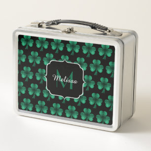 Emerald Green Sparkle Shamrock black Monogram Metal Lunch Box