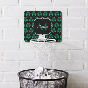 Emerald Green Sparkle Shamrock black Monogram Mini Basketball Hoop