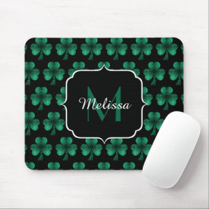 Emerald Green Sparkle Shamrock black Monogram Mouse Pad