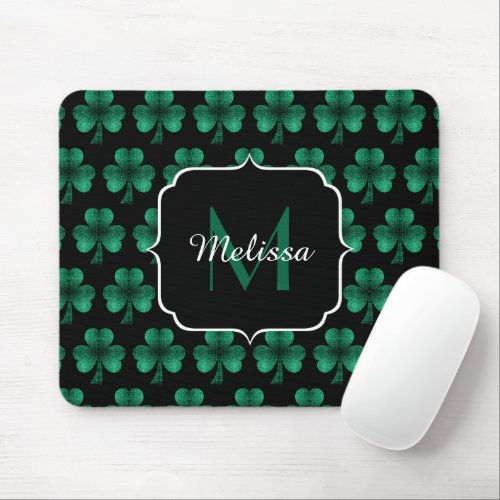 Emerald Green Sparkle Shamrock black Monogram Mouse Pad