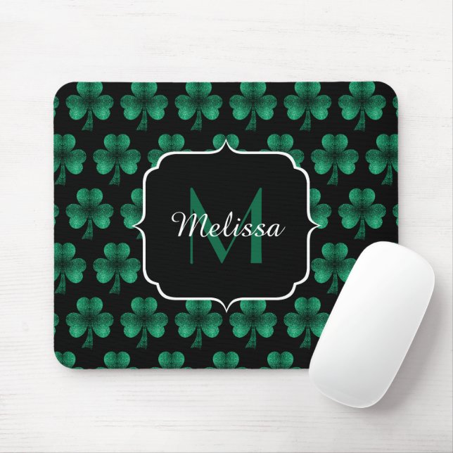 Emerald Green Sparkle Shamrock black Monogram Mouse Pad (With Mouse)