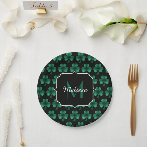 Emerald Green Sparkle Shamrock black Monogram Paper Plates