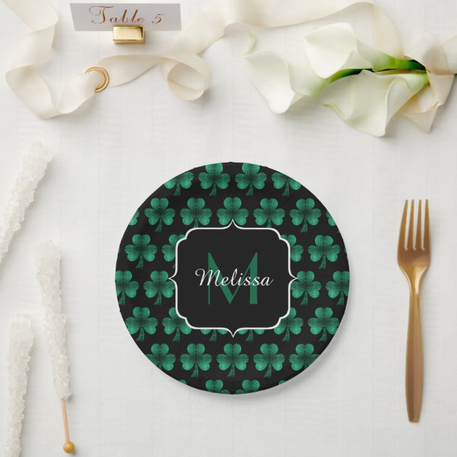 Emerald Green Sparkle Shamrock black Monogram Paper Plates (Wedding)
