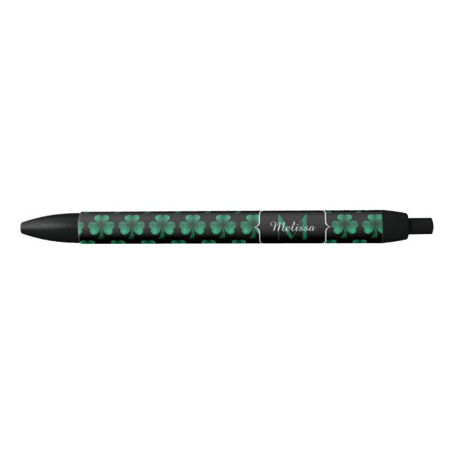 Emerald Green Sparkle Shamrock black Monogram Pen (Front)