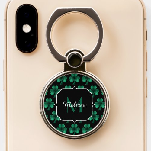 Emerald Green Sparkle Shamrock black Monogram Phone Ring Stand