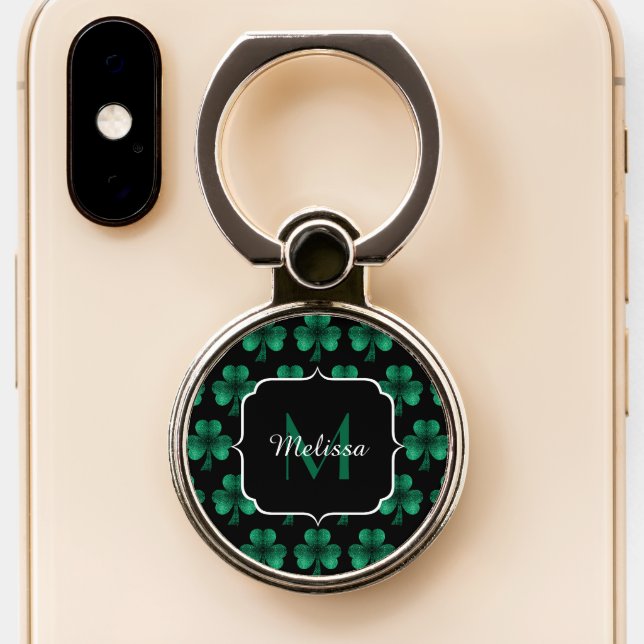 Emerald Green Sparkle Shamrock black Monogram Phone Ring Stand (Close Up)