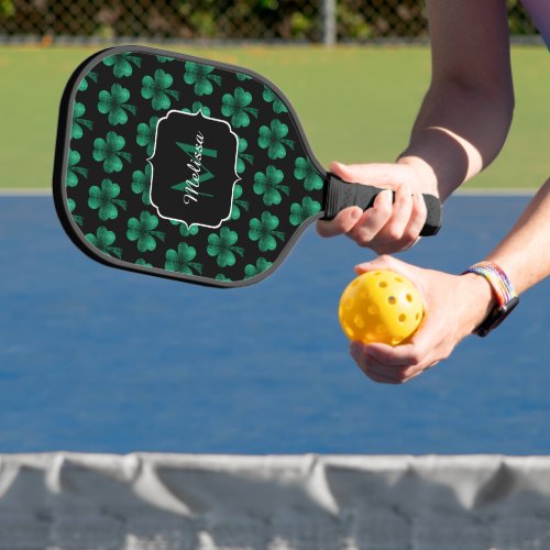 Emerald Green Sparkle Shamrock black Monogram Pickleball Paddle