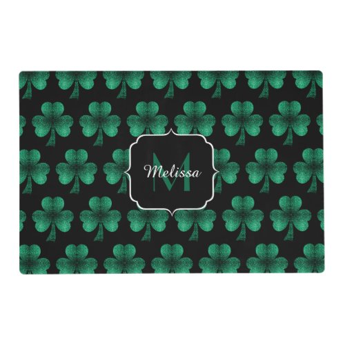 Emerald Green Sparkle Shamrock black Monogram Placemat