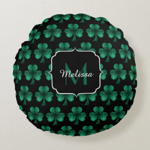 Emerald Green Sparkle Shamrock black Monogram Round Pillow