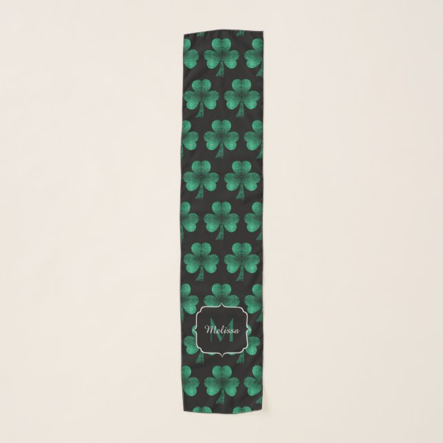 Emerald Green Sparkle Shamrock black Monogram Scarf (Front)