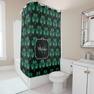 Emerald Green Sparkle Shamrock black Monogram Shower Curtain