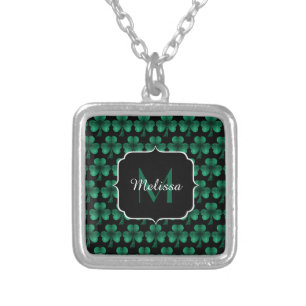 Emerald Green Sparkle Shamrock black Monogram Silver Plated Necklace