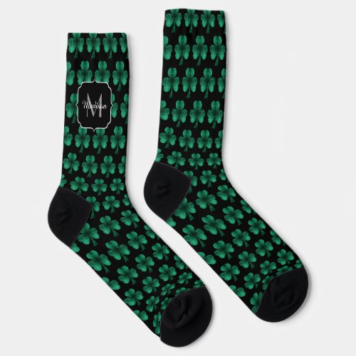 Emerald Green Sparkle Shamrock black Monogram Socks