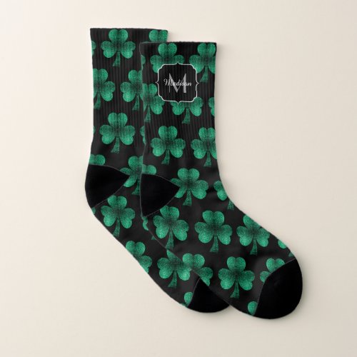 Emerald Green Sparkle Shamrock black Monogram Socks