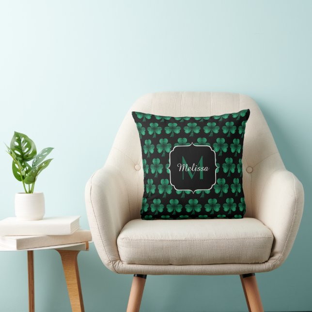Emerald Green Sparkle Shamrock black Monogram Throw Pillow (Chair)