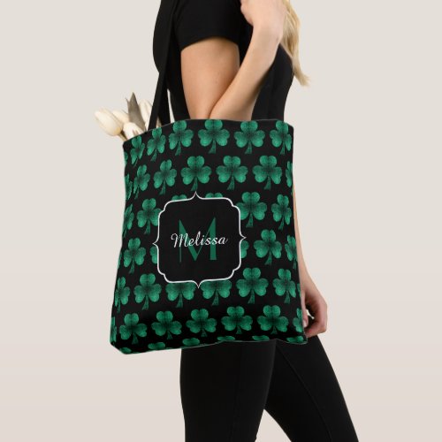 Emerald Green Sparkle Shamrock black Monogram Tote Bag