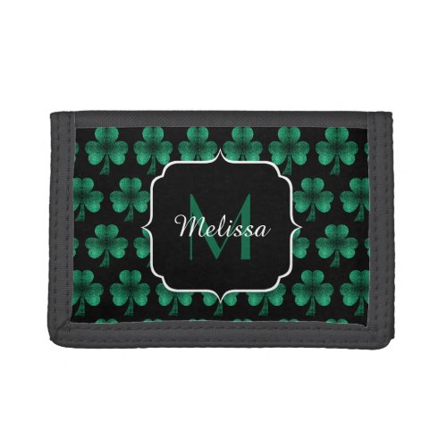 Emerald Green Sparkle Shamrock black Monogram Trifold Wallet