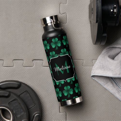 Emerald Green Sparkle Shamrock black Monogram Water Bottle