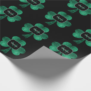 Emerald Green Sparkle Shamrock black Monogram Wrapping Paper