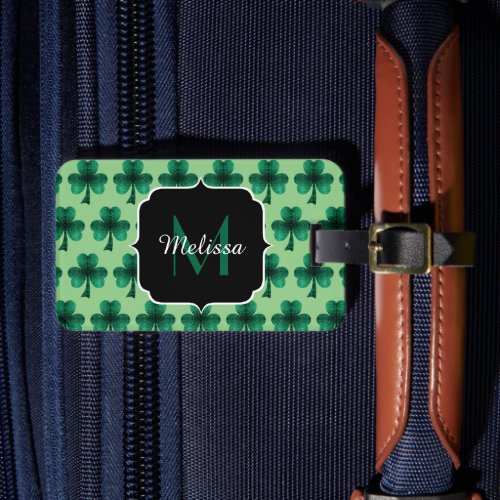 Emerald Green Sparkle Shamrock custom Monogram Luggage Tag