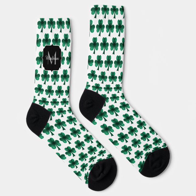 Emerald Green Sparkle Shamrock Monogram Socks (Right)