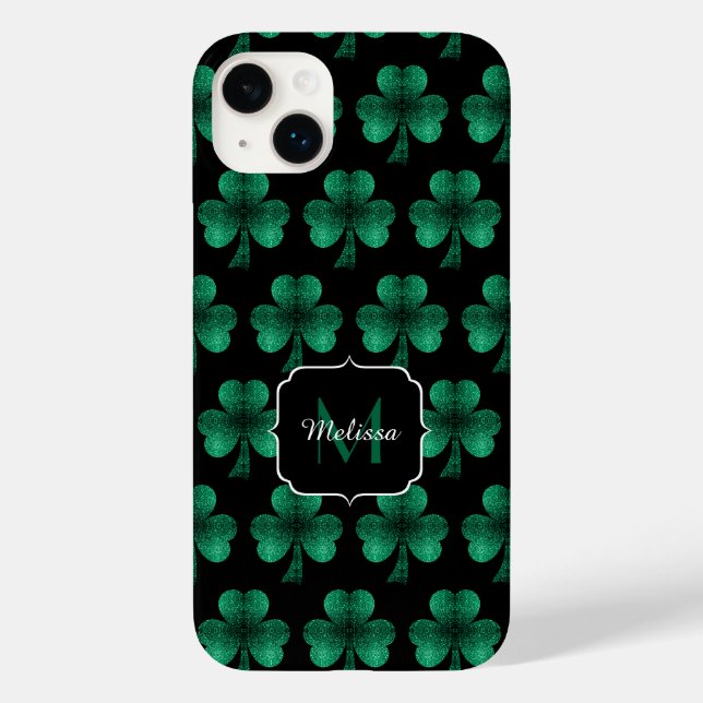 Emerald Green Sparkles Shamrock black Monogram Case-Mate iPhone Case (Back)