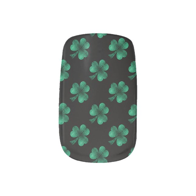 Emerald Green Sparkles Shamrock Clover on black Minx Nail Art (Left Thumb)