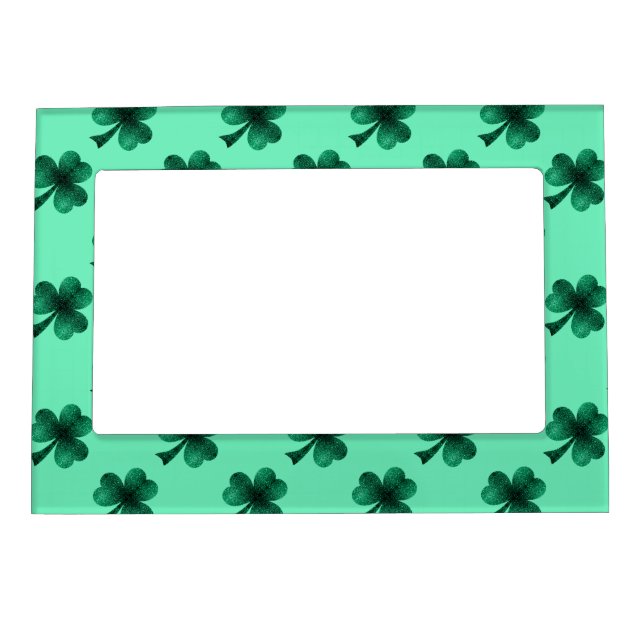 Emerald Green Sparkles Shamrock Clover pattern Magnetic Picture Frame (Front)