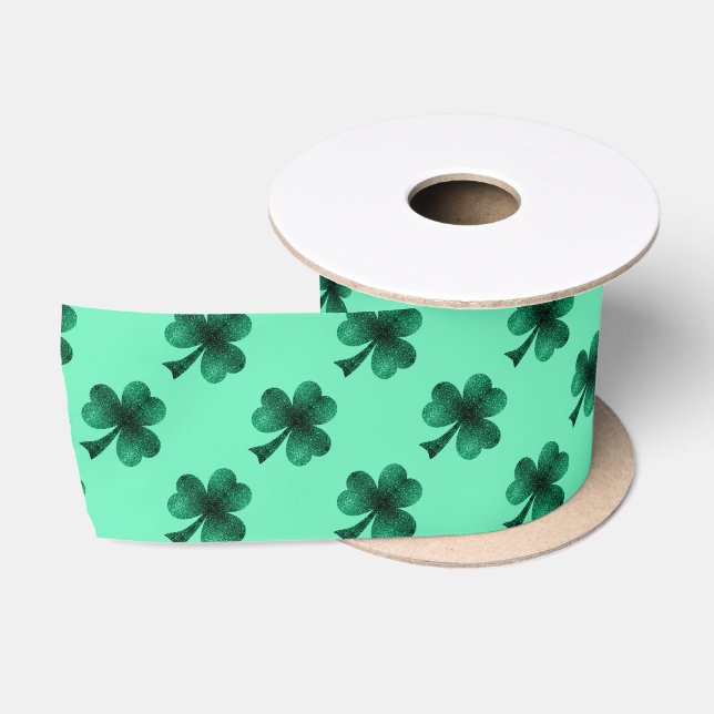 Emerald Green Sparkles Shamrock Clover pattern Satin Ribbon (Spool)