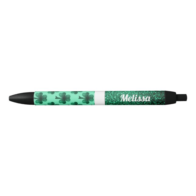 Emerald Green Sparkles Shamrock Clover Personalize Pen (Front)