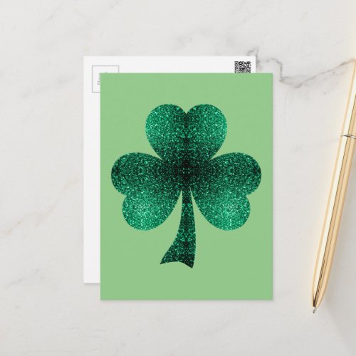 Emerald Green Sparkles Shamrock Clover Postcard