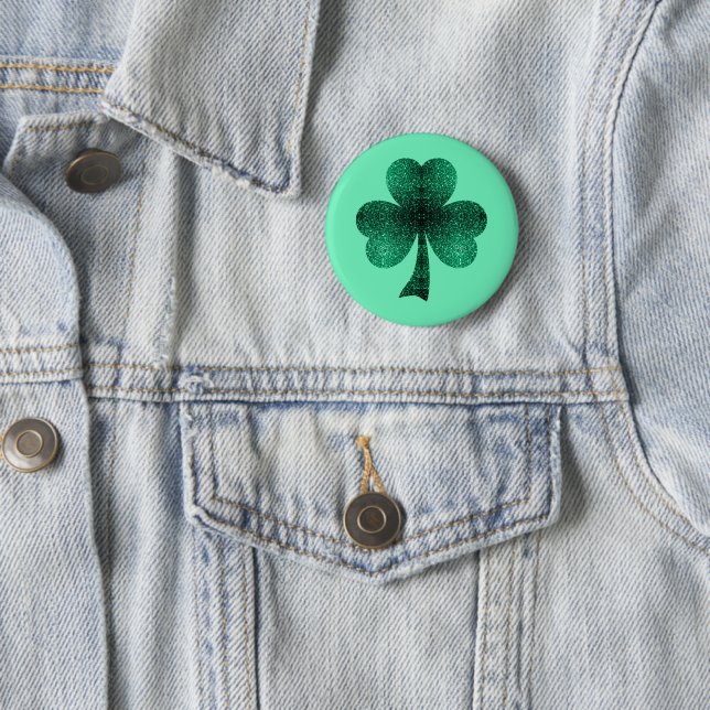 Emerald Green Sparkles Shamrock Clover turquoise Button (In Situ)
