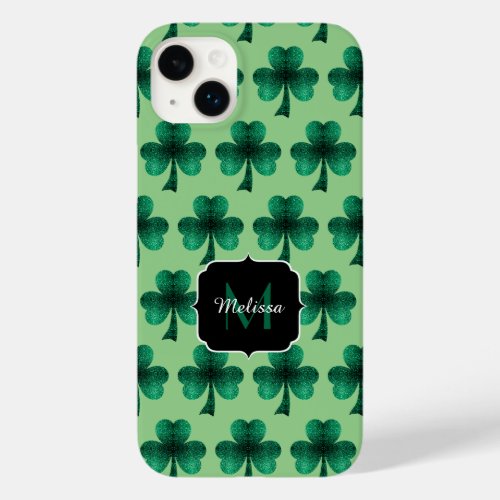 Emerald Green Sparkles Shamrock Custom Monogram Case_Mate iPhone 14 Plus Case