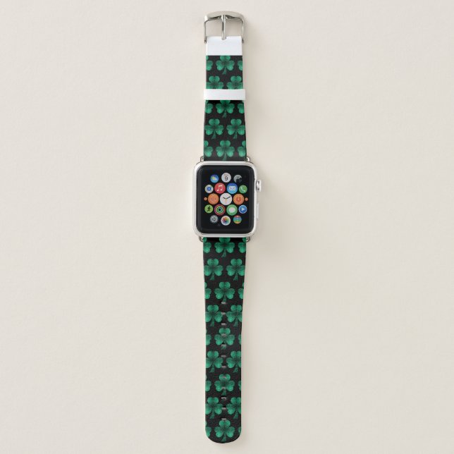Emerald Green Sparkles Shamrock pattern black Apple Watch Band (Front)