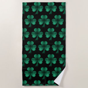 Emerald Green Sparkles Shamrock pattern black Beach Towel