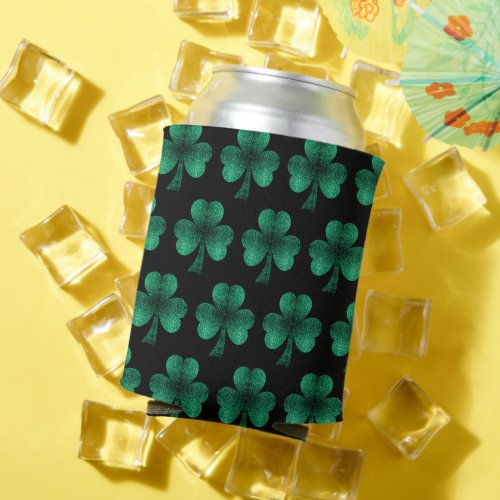 Emerald Green Sparkles Shamrock pattern black Can Cooler