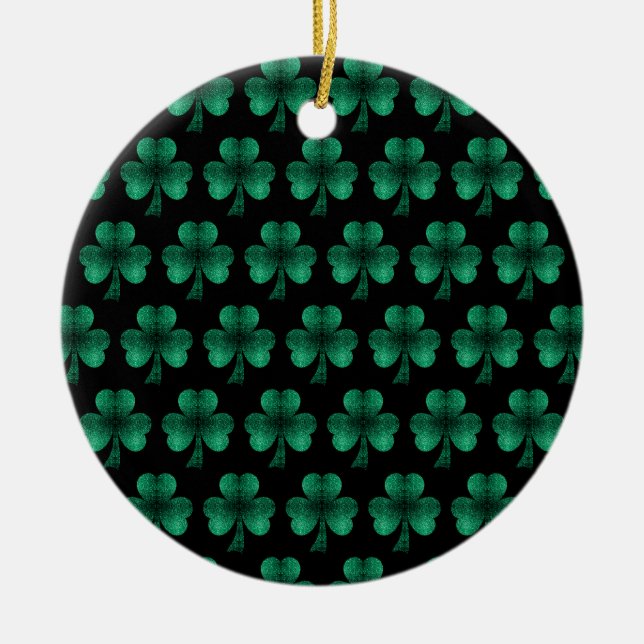 Emerald Green Sparkles Shamrock pattern black Ceramic Ornament (Front)