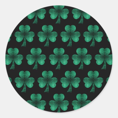 Emerald Green Sparkles Shamrock pattern black Classic Round Sticker