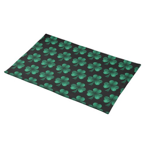 Emerald Green Sparkles Shamrock pattern black Cloth Placemat