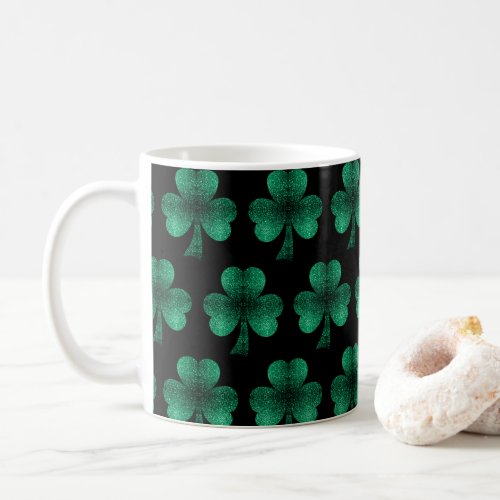 Emerald Green Sparkles Shamrock pattern black Coffee Mug