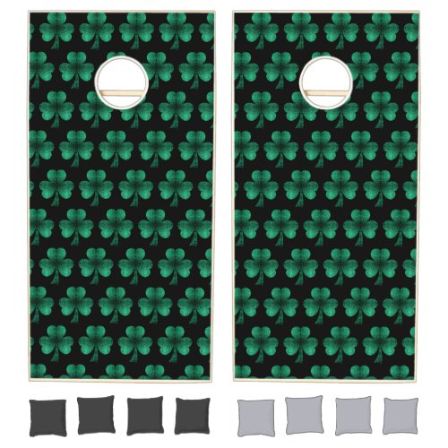 Emerald Green Sparkles Shamrock pattern black Cornhole Set