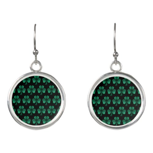 Emerald Green Sparkles Shamrock pattern black Earrings