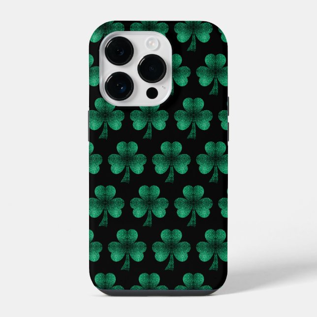 Emerald Green Sparkles Shamrock pattern black Iphone Case (Back)