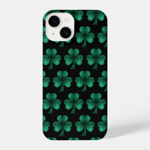 Emerald Green Sparkles Shamrock pattern black iPhone 14 Case