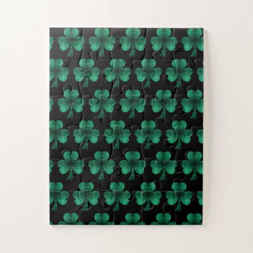 Emerald Green Sparkles Shamrock pattern black Jigsaw Puzzle