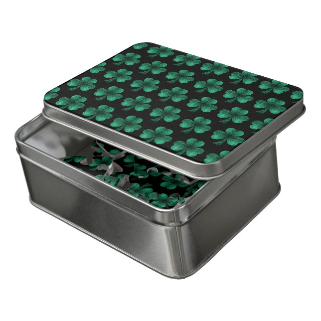 Emerald Green Sparkles Shamrock pattern black Jigsaw Puzzle (Lid Open)